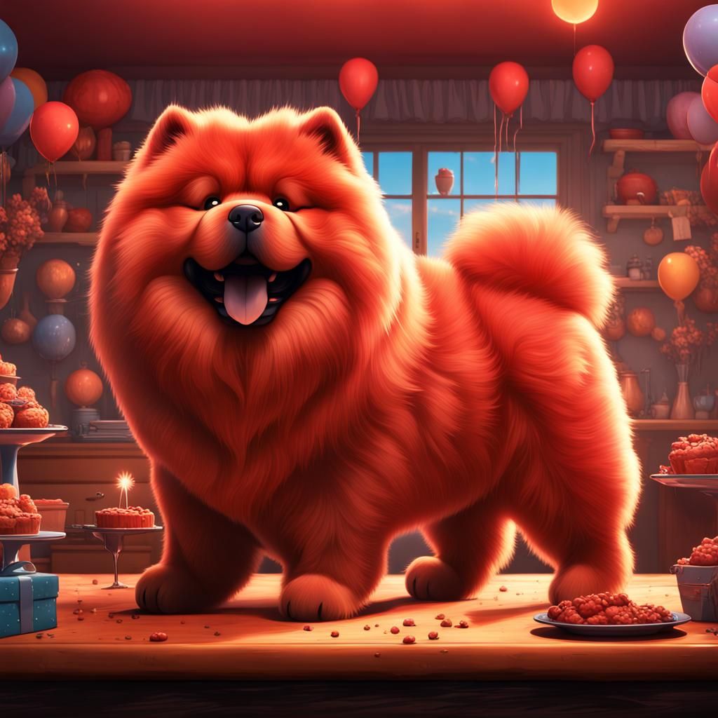 Red Chow Chow in Pixar Birthday Movie Poster