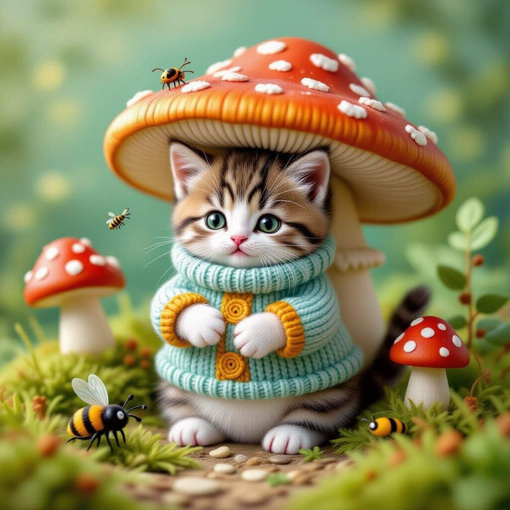Kitten's Mushroom Adventure: A Whimsical Knitted Scene