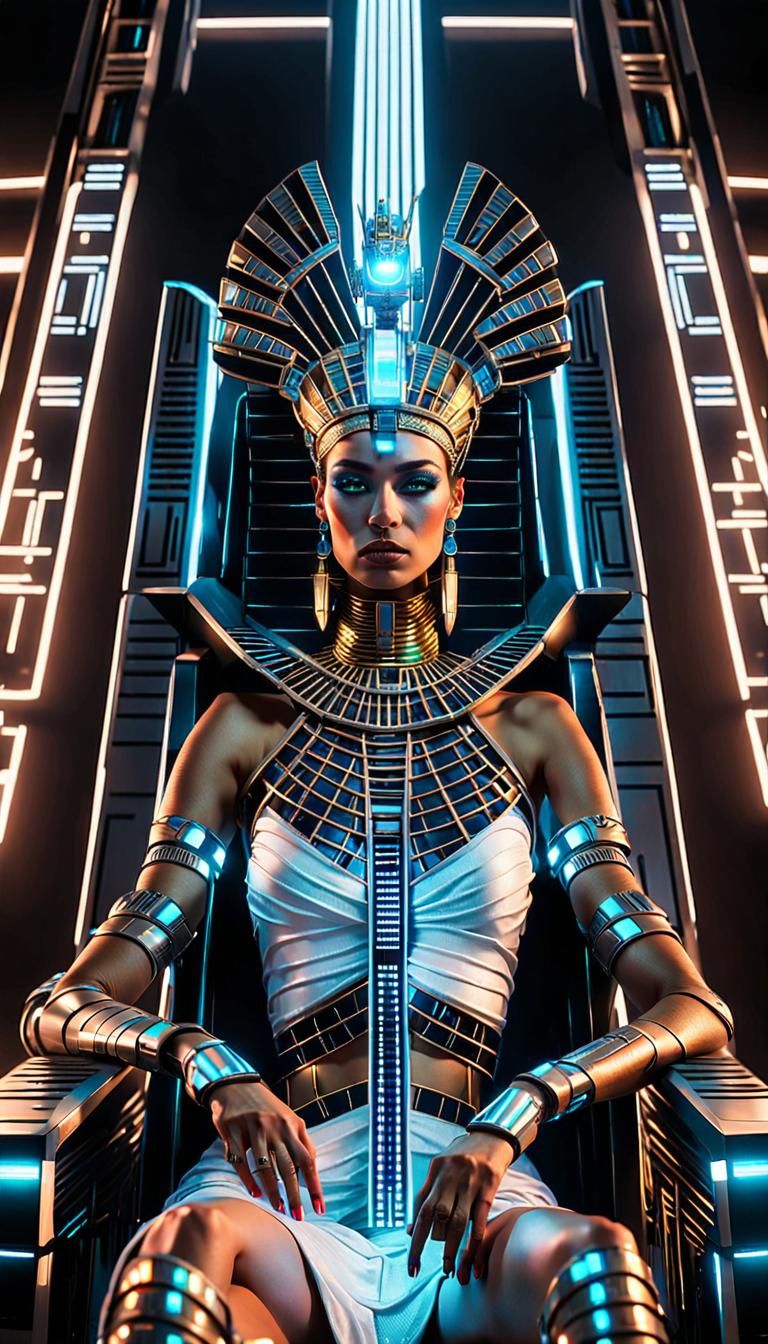 Mia Kunis as a ancient Egyptian cyborg queen sitting on a hi...