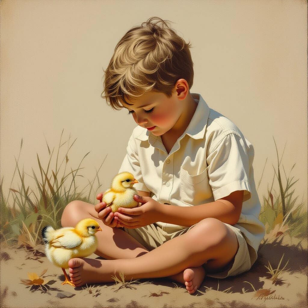 Boy Holds Chick in Realistic Style
