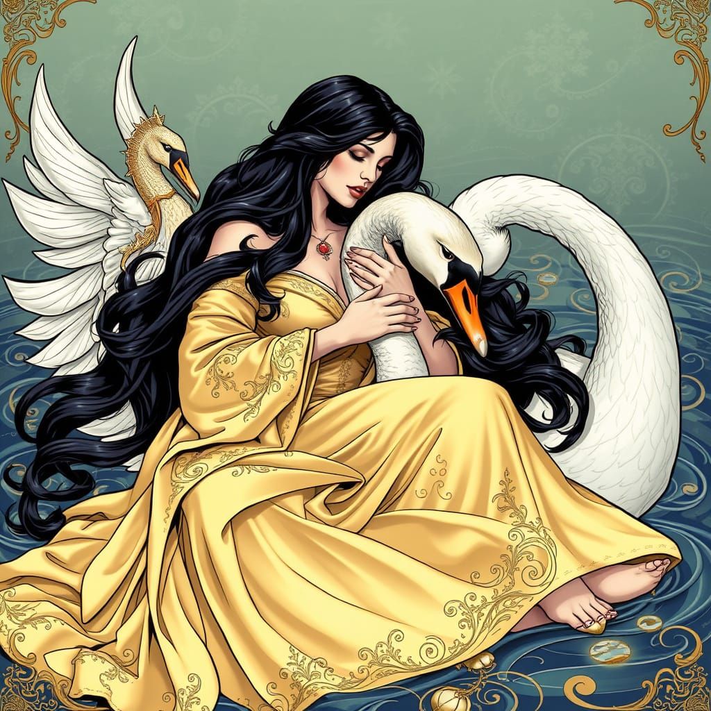 Regal Leda Interacts with Majestic Swan in Art Nouveau Filig...
