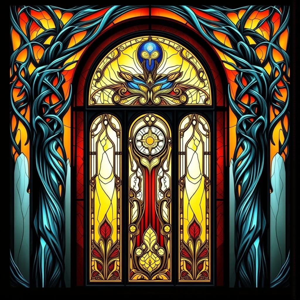 Art Deco Stained Glass Window in Surreal Style