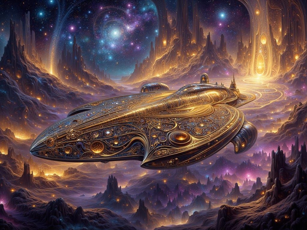 Art Nouveau Starship in Vibrant Nebula