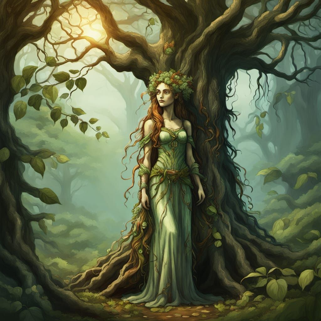 Dryad Beside a Tree: Whimsical Fantasy Art