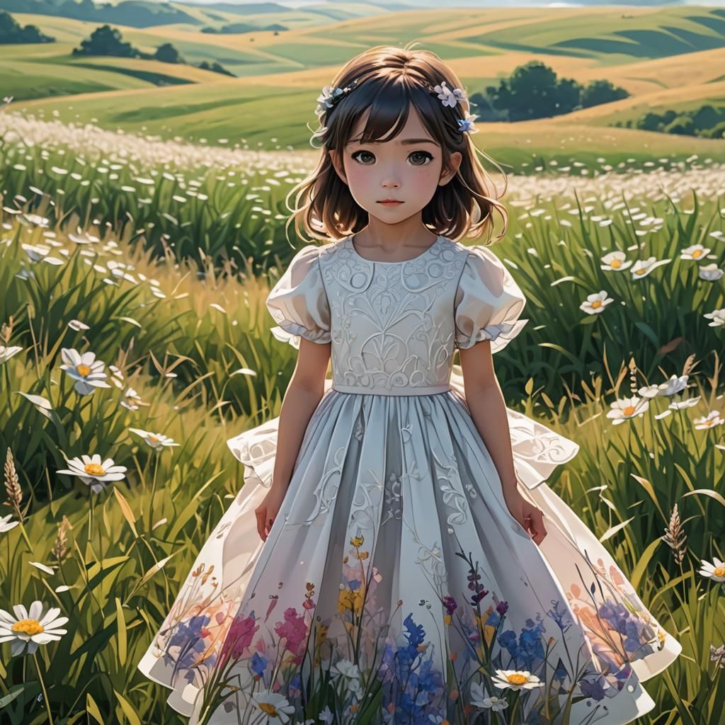 Elegant Anime Girl in a Field, Digital Art