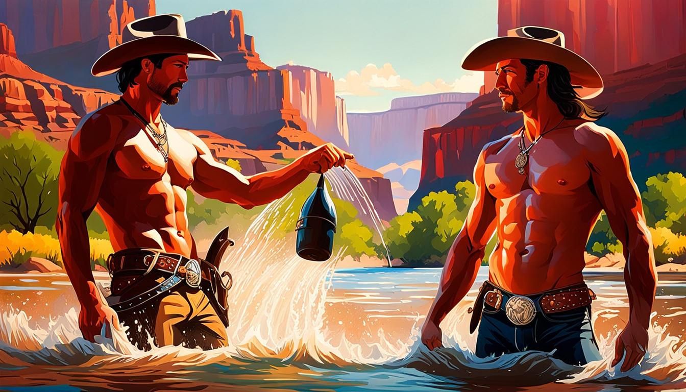 Hyperrealistic Cowboys Bathing in Red River