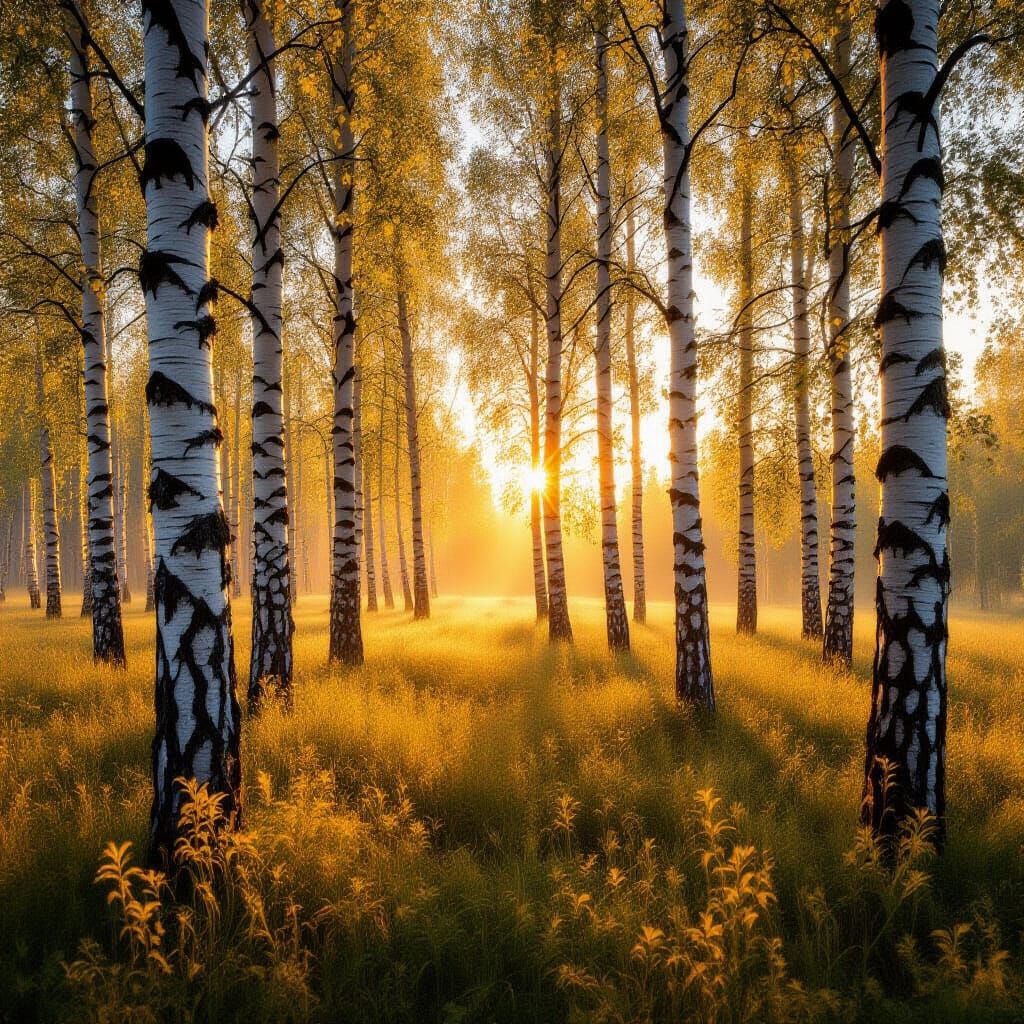 Magical Summer Dawn Over Birch Forest
