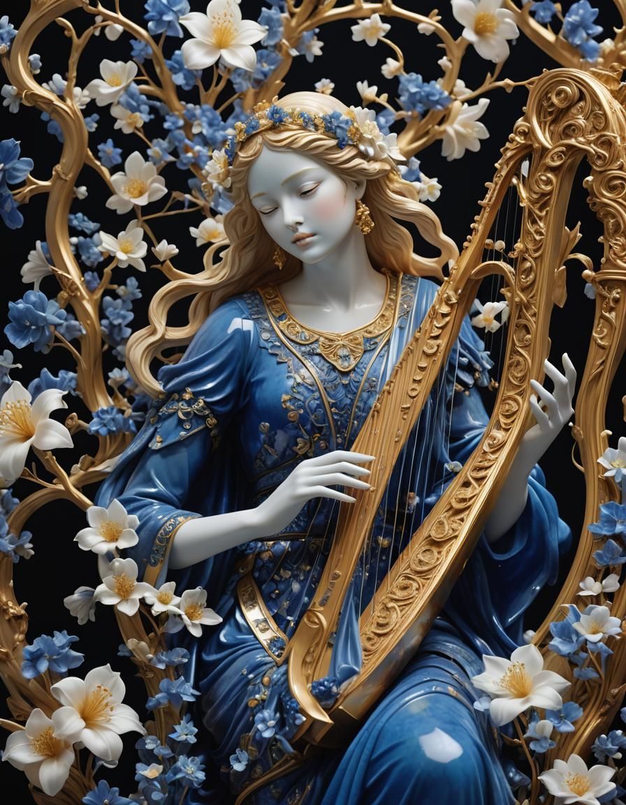 Lapis Lazuli Statue of Woman Playing Harp