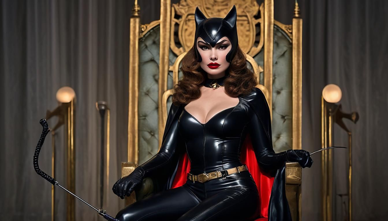 Catwoman on Throne: 1960s Superheroine in Latex