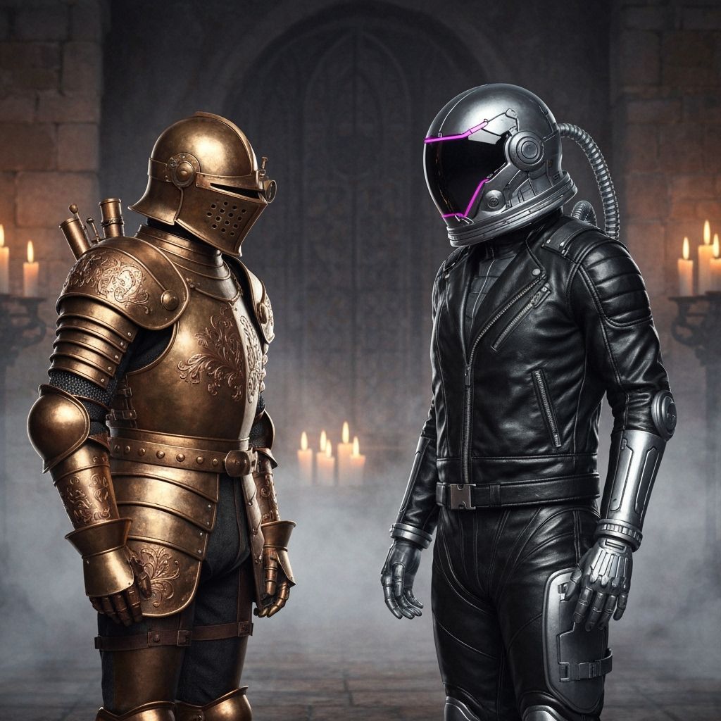 Steampunk Knight Meets Cyberpunk Astronaut in Castle