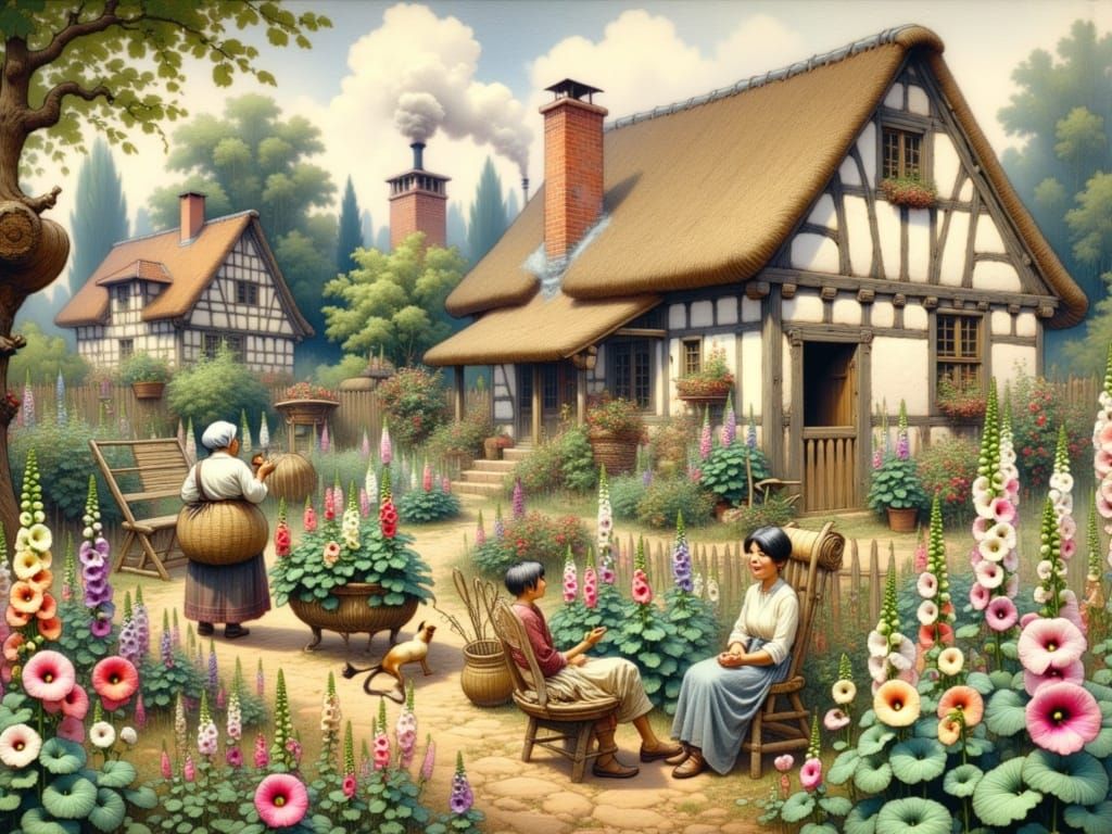 Whimsical Wildflower Garden Scene with Cozy Cottage