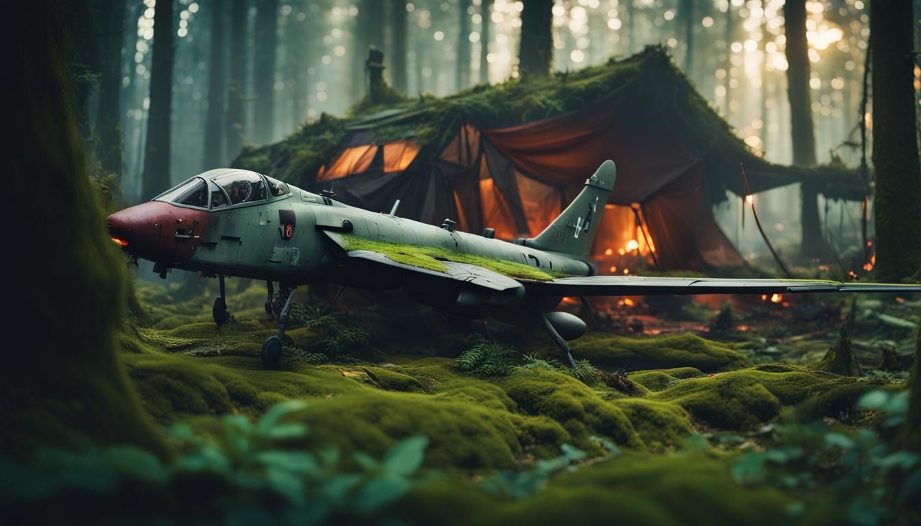 Wrecked Plane Reclaimed by Nature in Cyberpunk Style