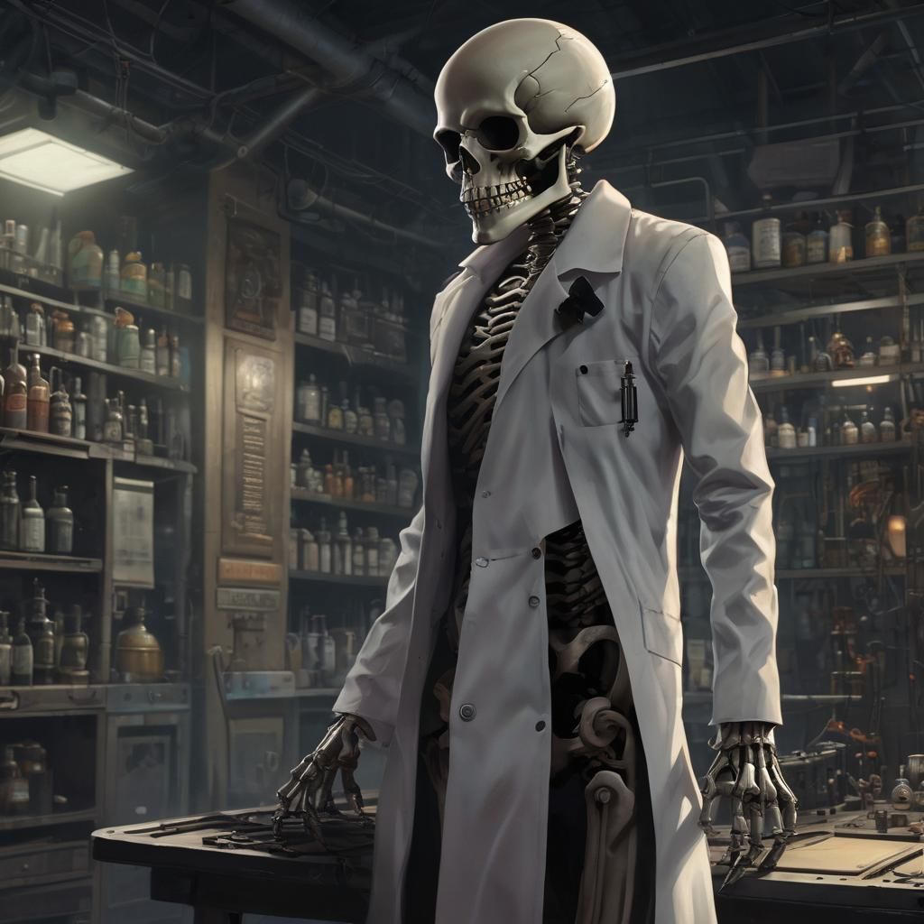 Skeleton Scientist Stares into Machine: Sci-Fi Art