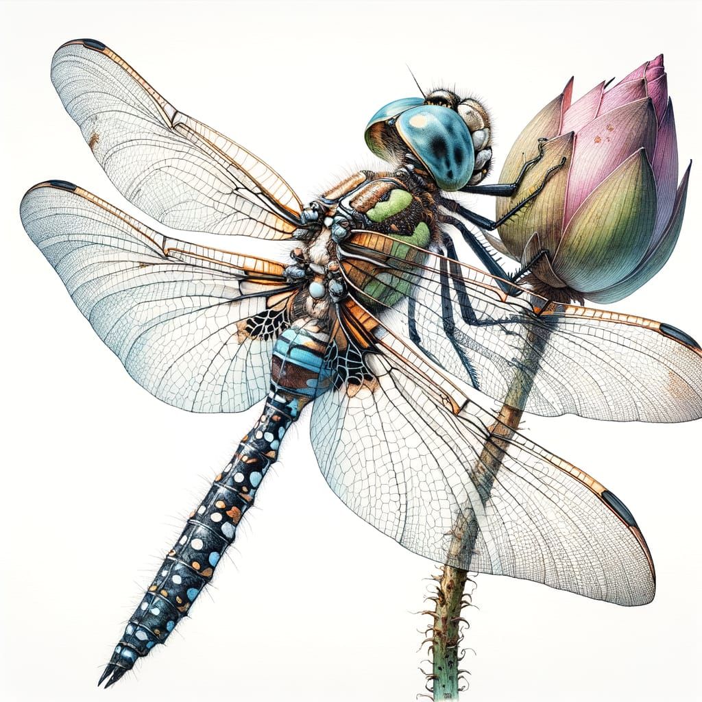 Botanical Illustration of Dragonfly in Profile View