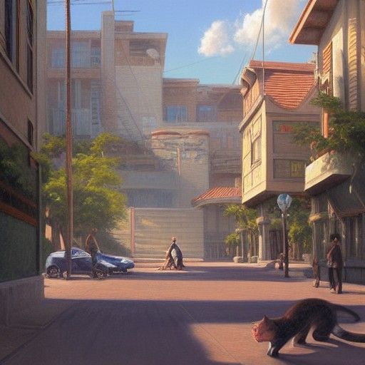 Celadon City Landscape with Meowth in Oil Painting Style