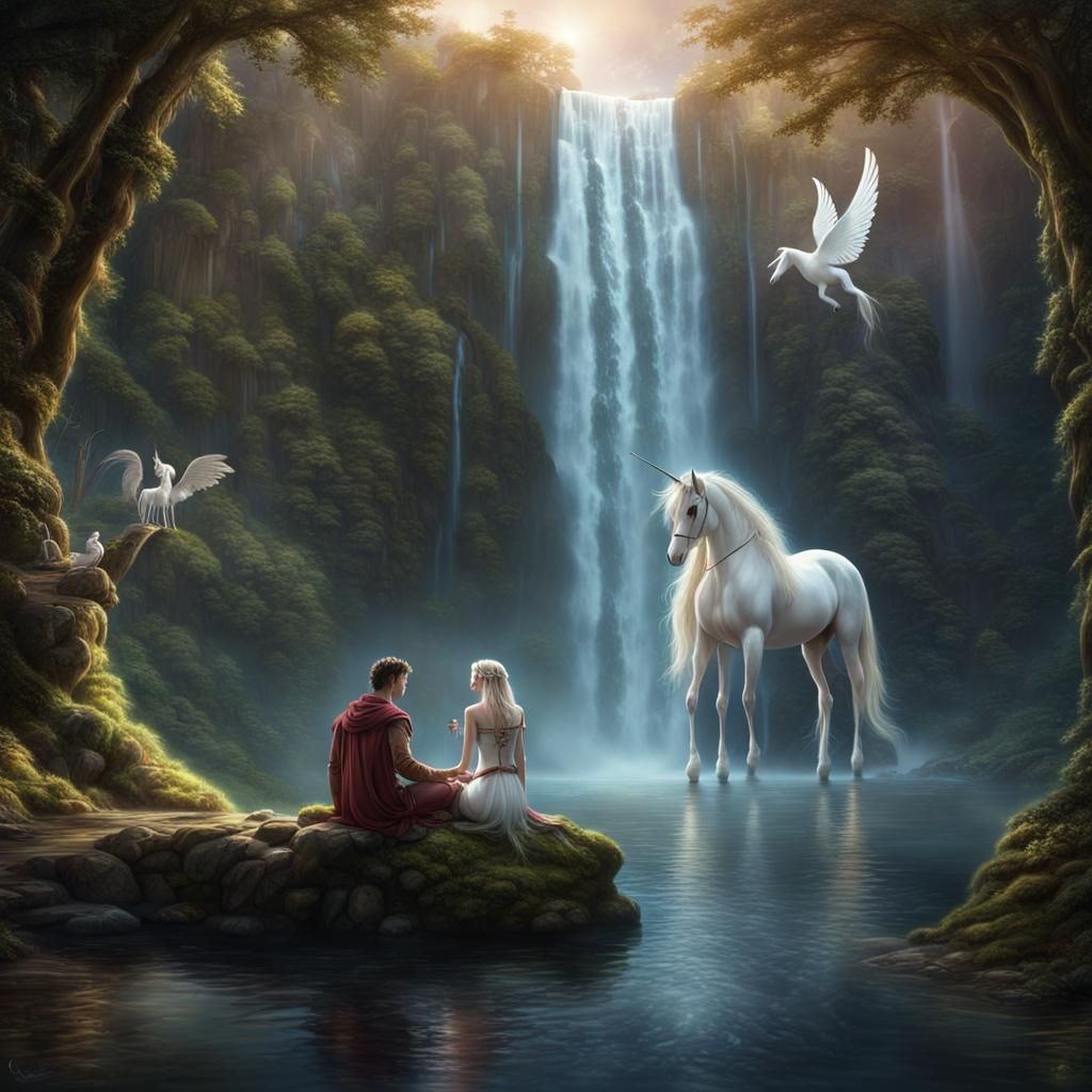 Fairy, Elf, and Unicorn at Waterfall