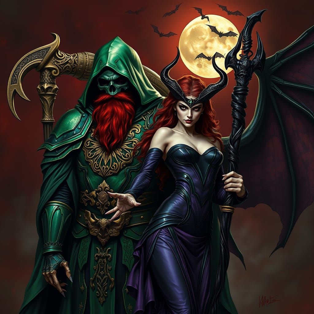 Grim Reaper and Demon Under Blood-Red Moon