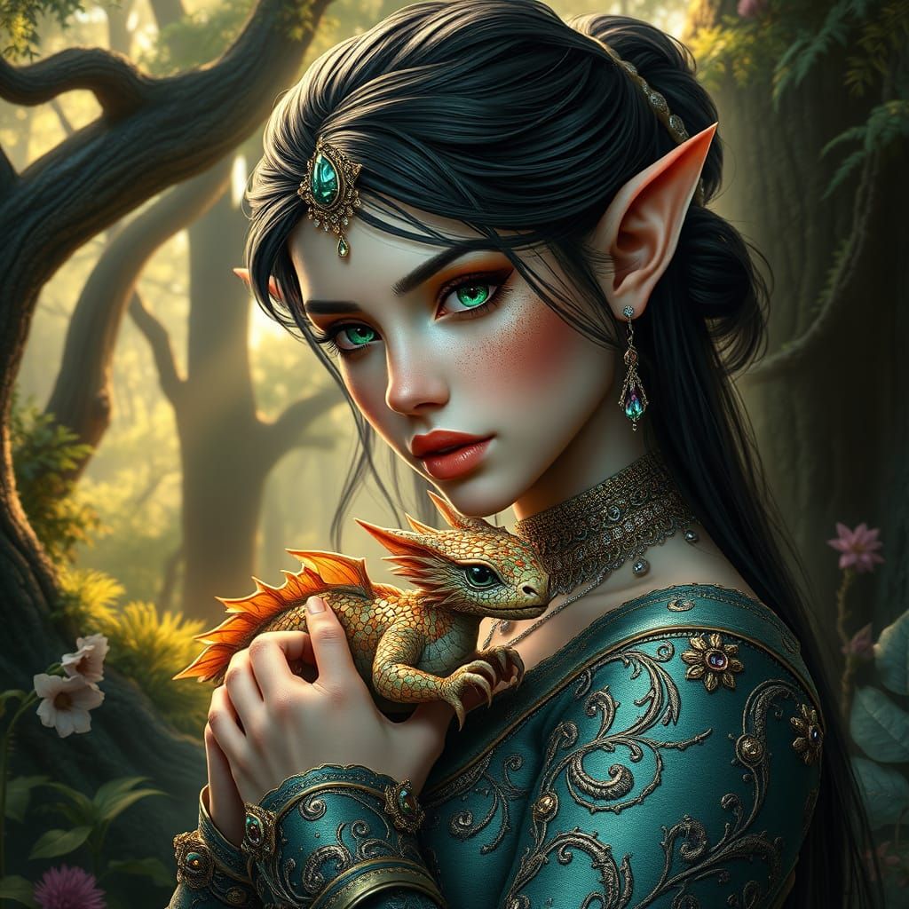 Elf Woman and Dragon in Hyperrealistic Portrait