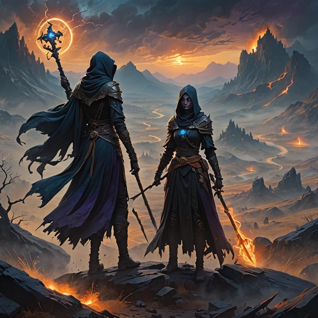 Necromancer Amidst Battle-Scarred Landscape