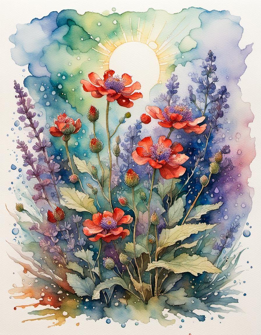 Ink and watercolor illustration  with Vivid Sage Green, Blue...