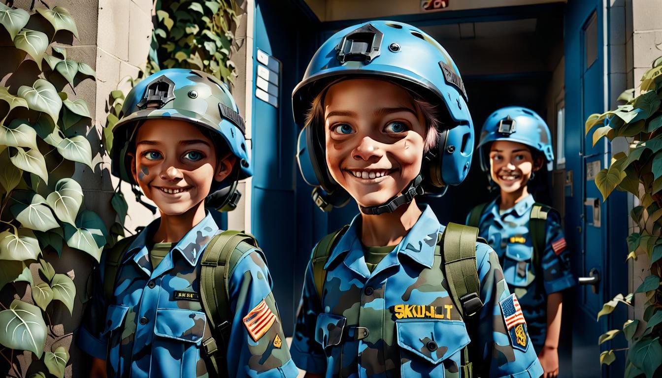 Eerie School Entrance with Camouflaged Children