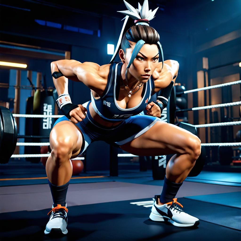 Hot Ibuki, from Steet Fighter IV, with a hot gym outfit, doing squats at the gym 3D Game Cinematic Feel, Epic 3D Videoga...