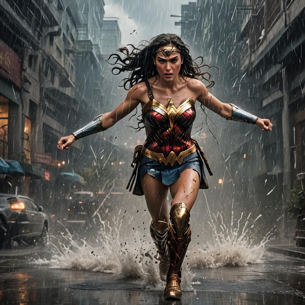 Wonder Woman Deflecting Bullets in Rain: Detailed Matte Pain...