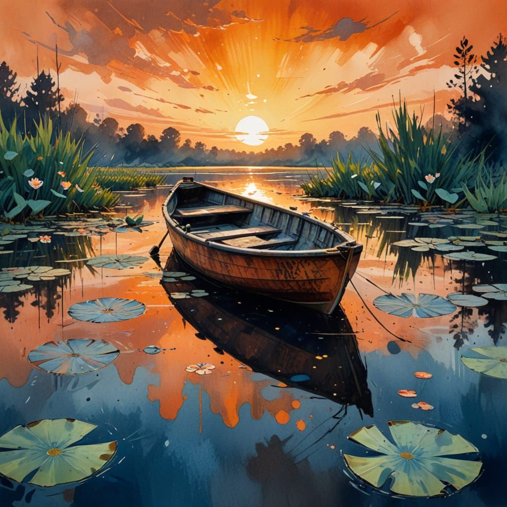 Surreal Sunset Lake Scene in Expressive Ink Painting Style