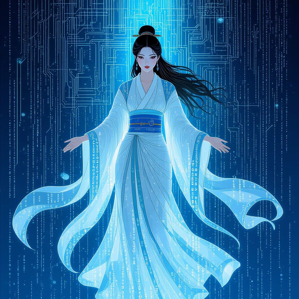 Ethereal Goddess Emerges from Data Streams