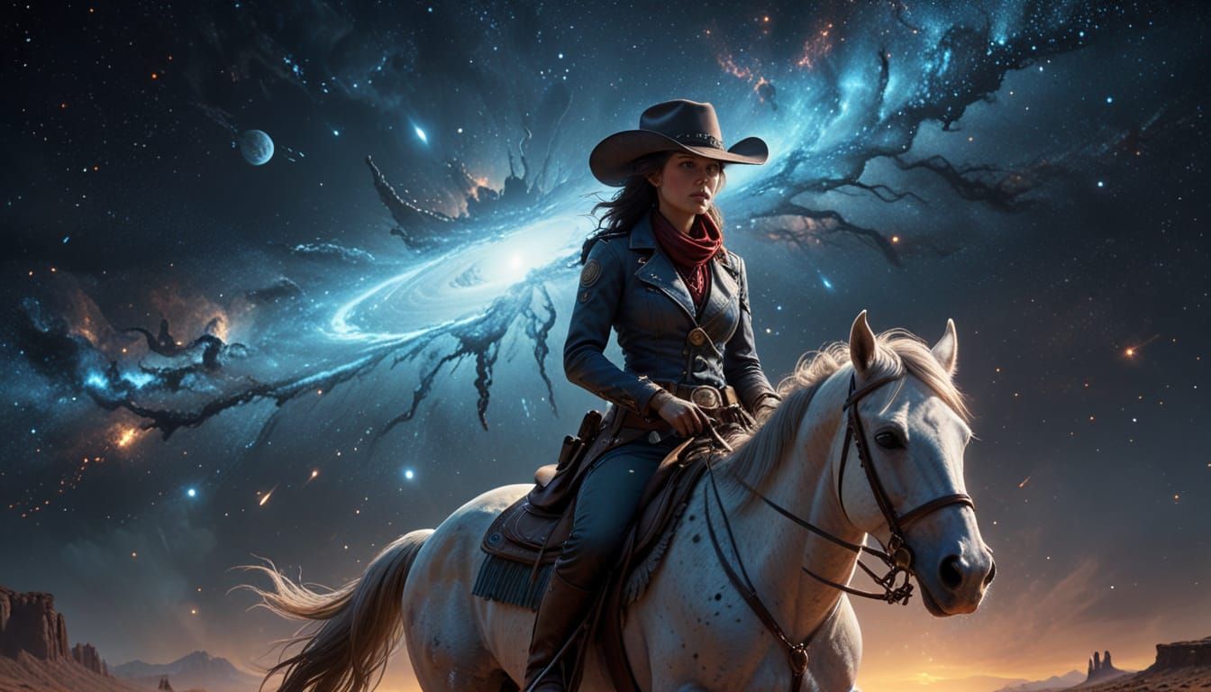Cosmic Cowgirl Rides Spectral Steed Through Nebula
