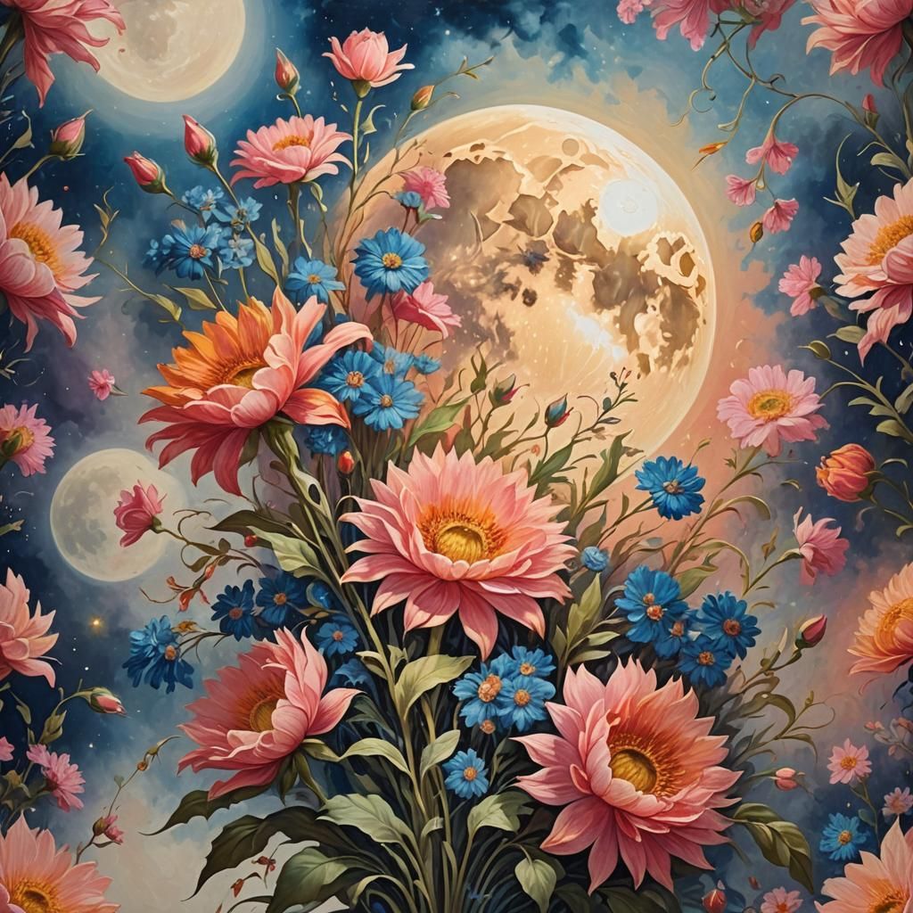Radiant Full Moon with Pink and Blue Flowers