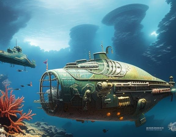 Underwater Submarine in Dieselpunk Biopunk Ink Painting