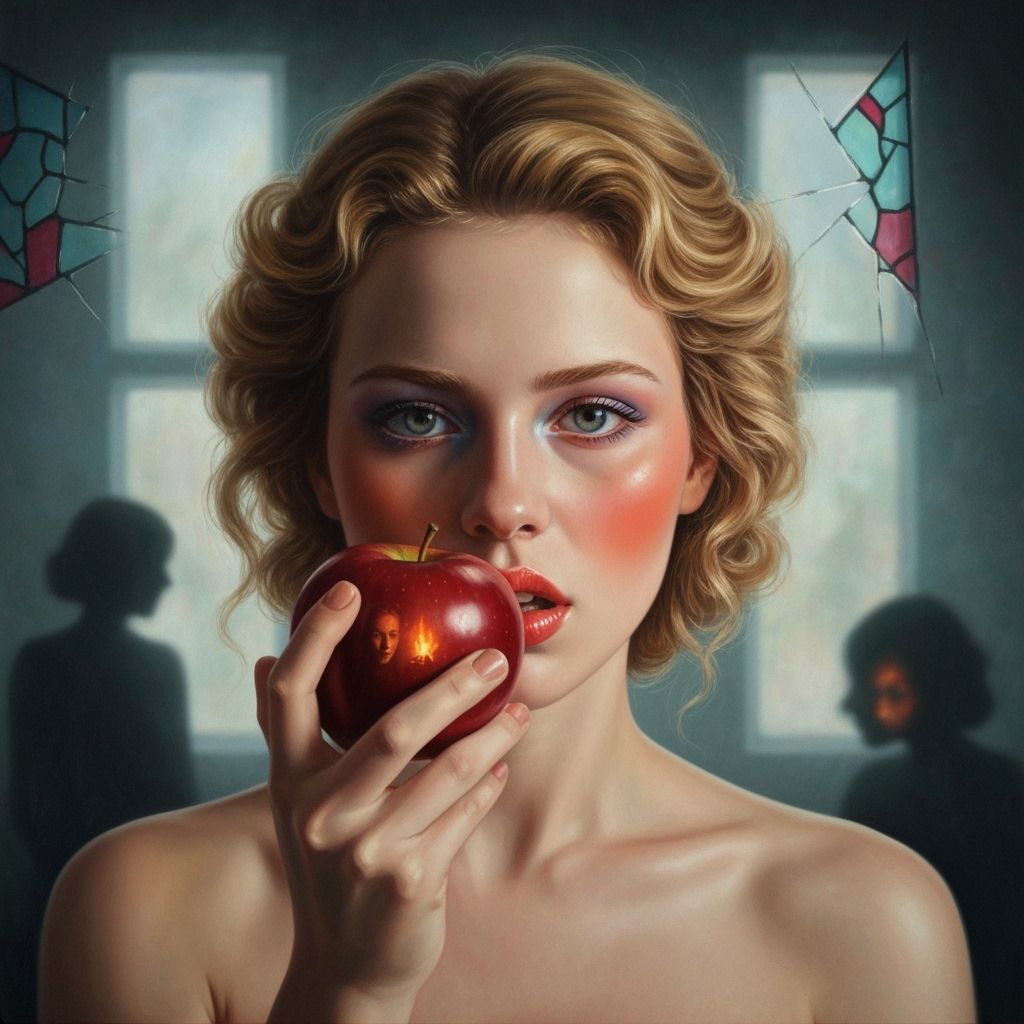 Surreal Oil Painting of Woman with Crimson Apple