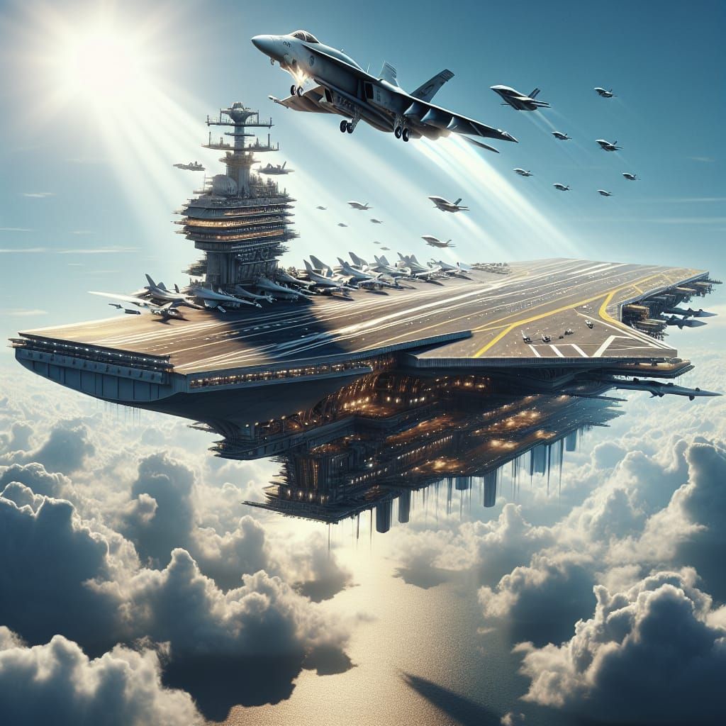 Futuristic Flying Aircraft Carrier Amid Gleaming Clouds