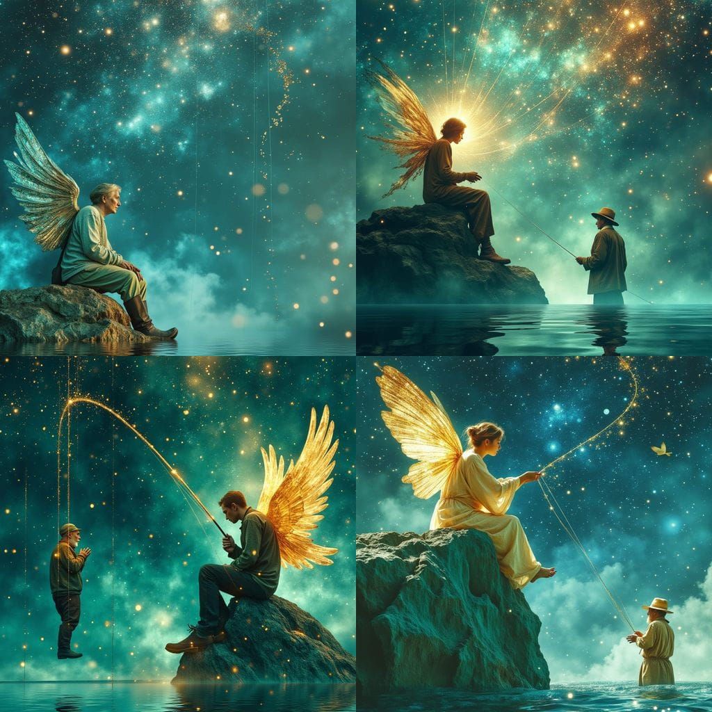 Angelic Angler Casting Golden Line to Old Fisherman