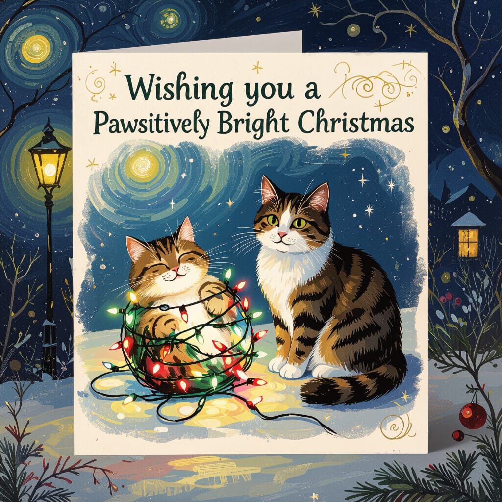 Silly Cats in Christmas Lights Card