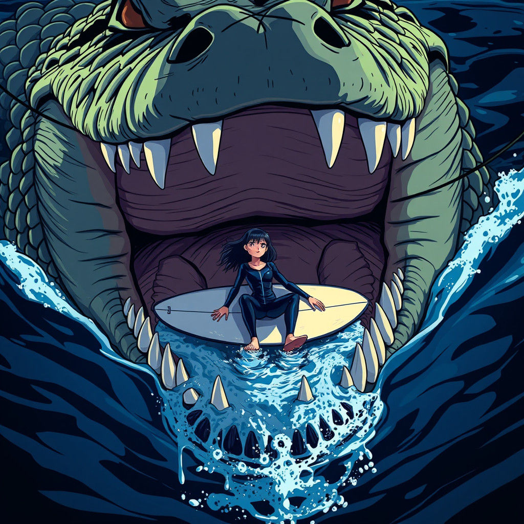 Alligator Emerges with Surfer, Anime Style