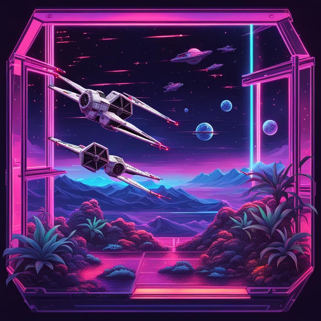 X-Wing and TIE Fighter Terrarium in Synthwave Style