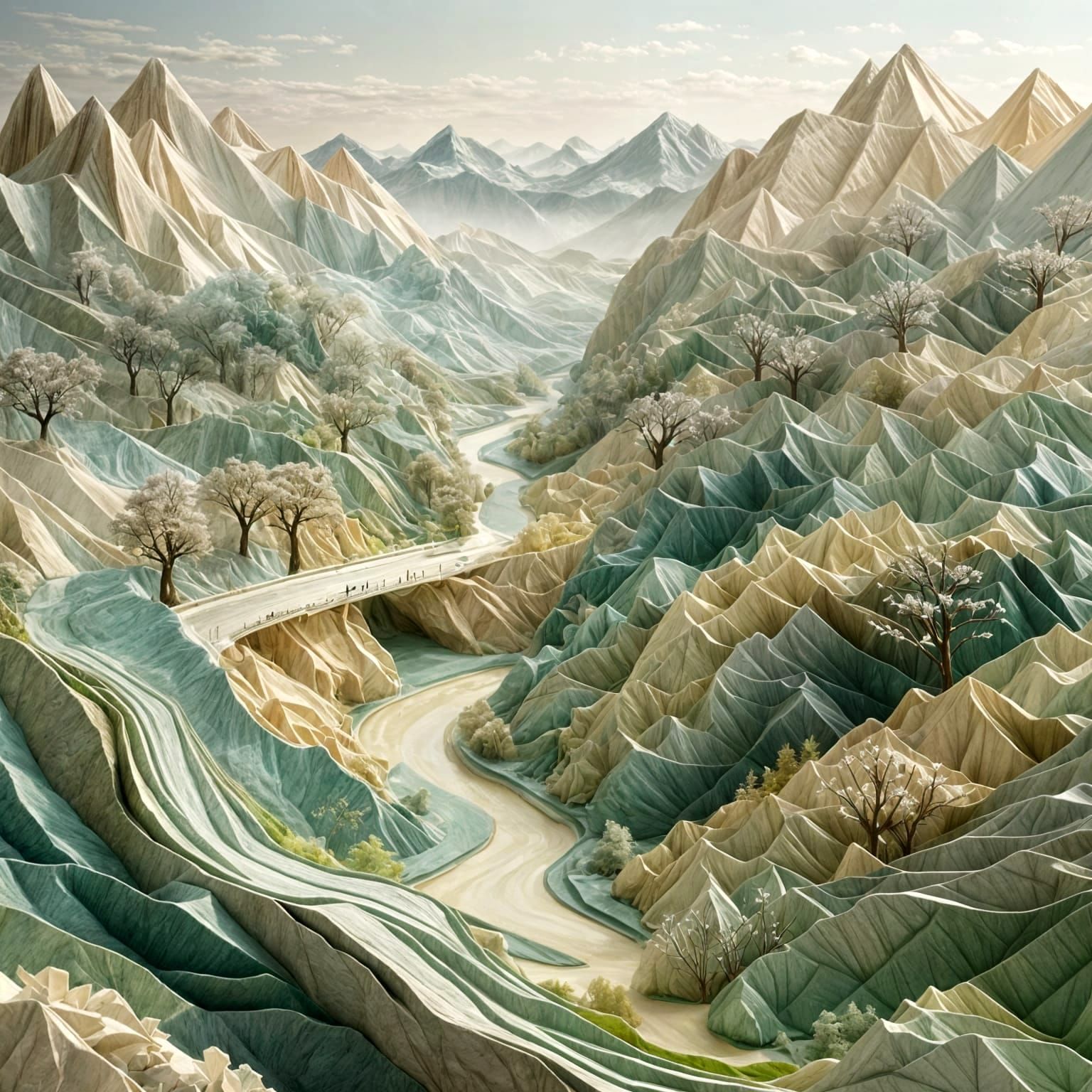 Serene Paper Bridge in Misty Pastel Valley