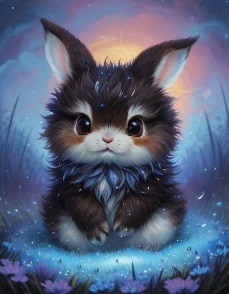 Fluffy Fantasy Baby Bunny in Flower Rain