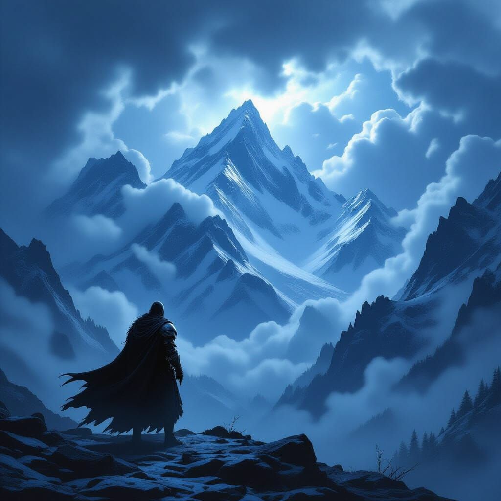 Grizzled Knight Silhouetted Against Stormy Dark Fantasy Sky