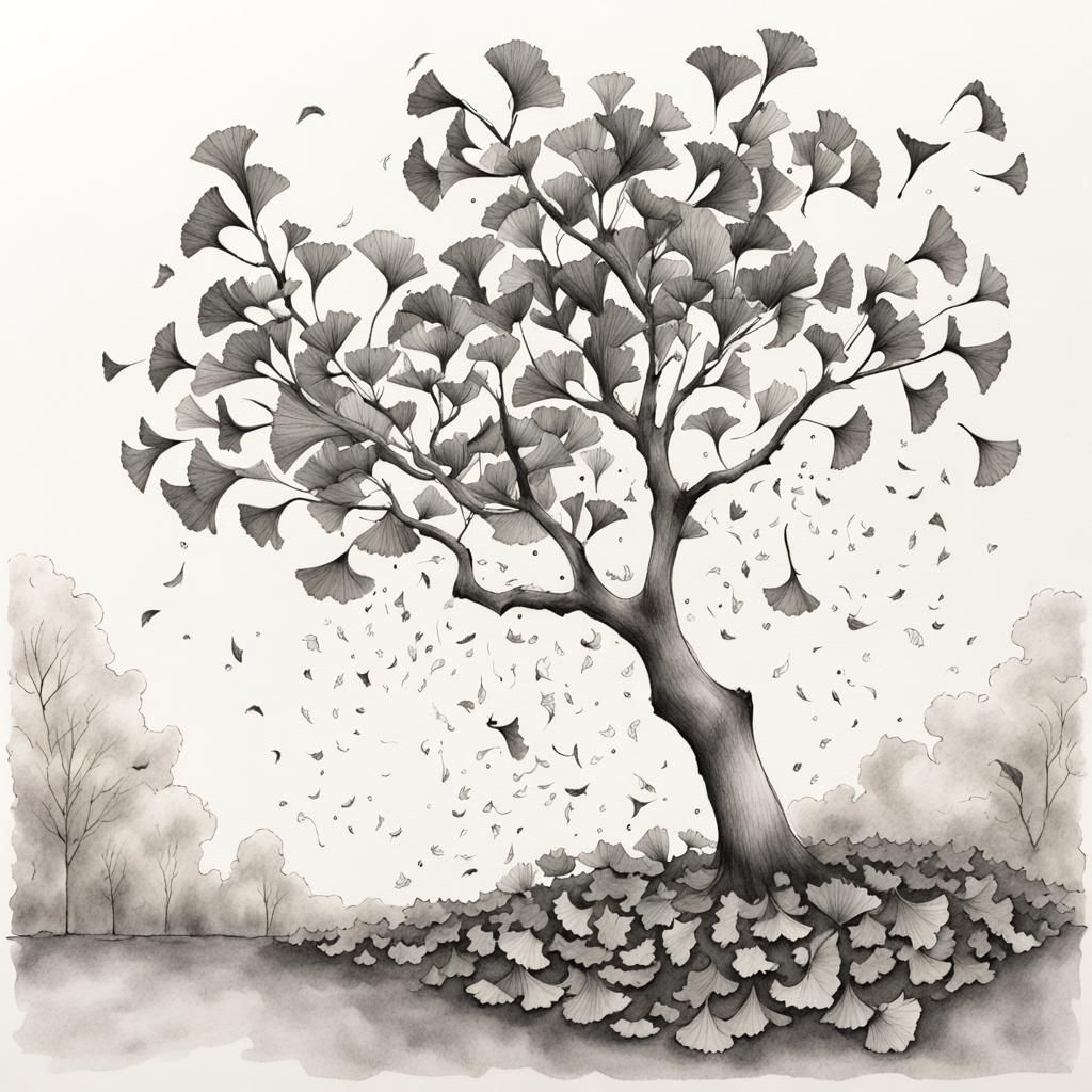 Ginkgo Tree in Ink Drawing Style