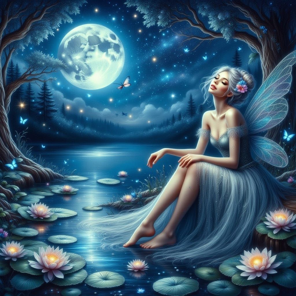 Moonlit Fairy by Lily Pond Painting