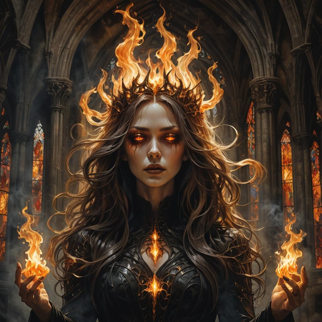 Flame Spirit in Gothic Cathedral: Digital Art