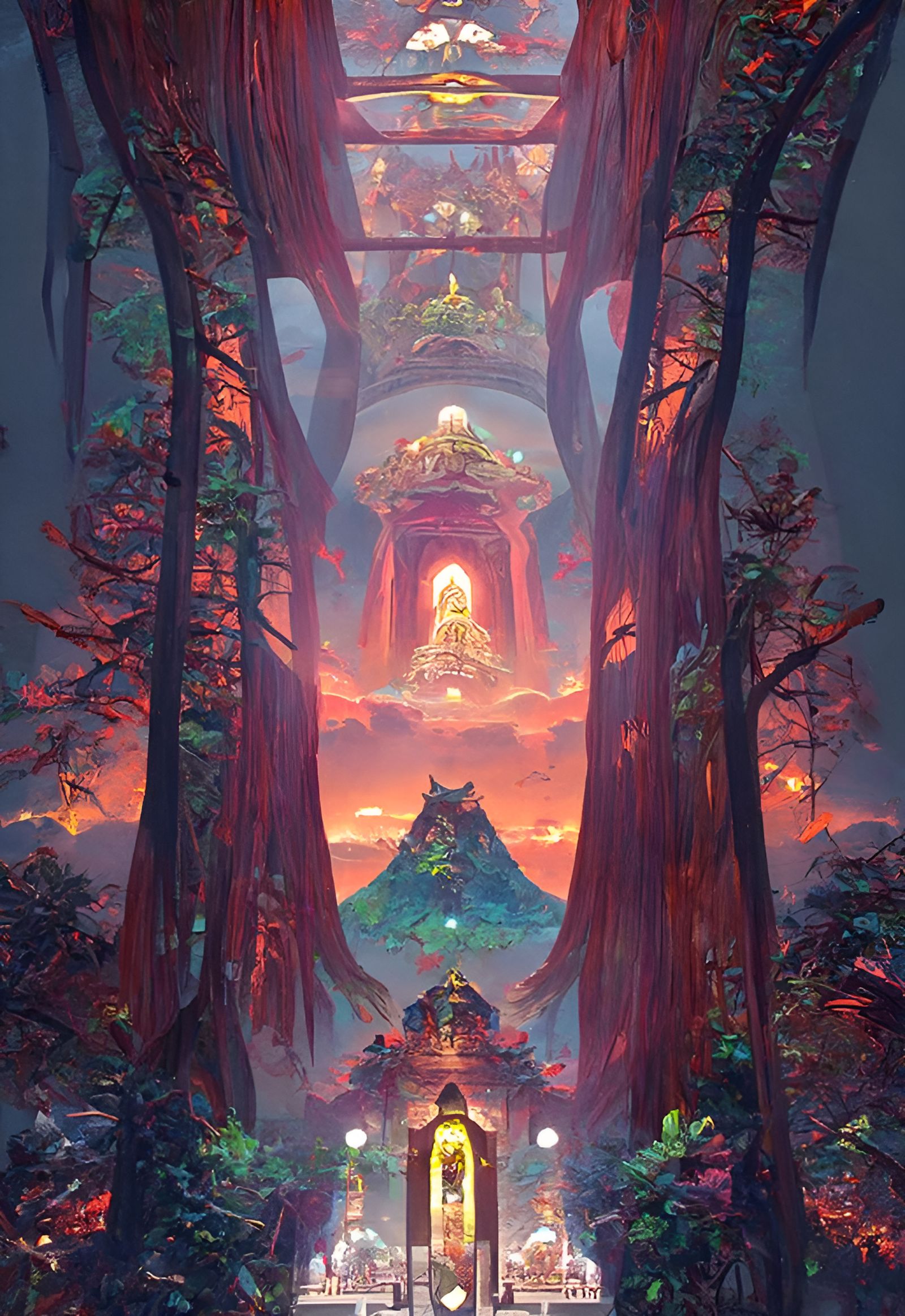 Surreal Forest Temple in Psychedelic Style