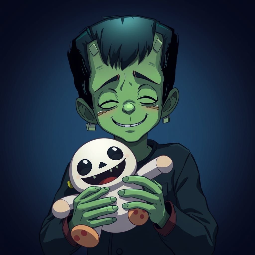 Young Frankenstein with Stuffed Animal in Anime Style