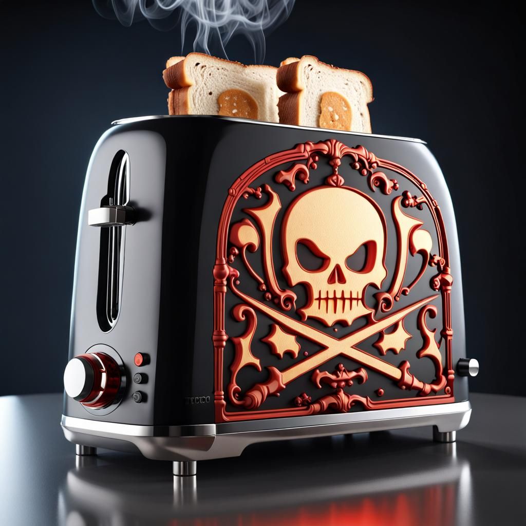 A futuristic halloween toaster that toast bread with laser halloween-swords 

The toast has a brand that shows a devil, ...