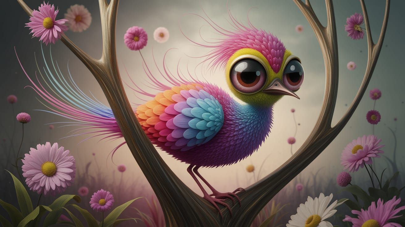 Whimsical Surreal Bird in Tree Painting