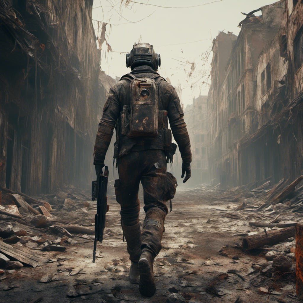 Futuristic Soldier in Post-Apocalyptic Townscape