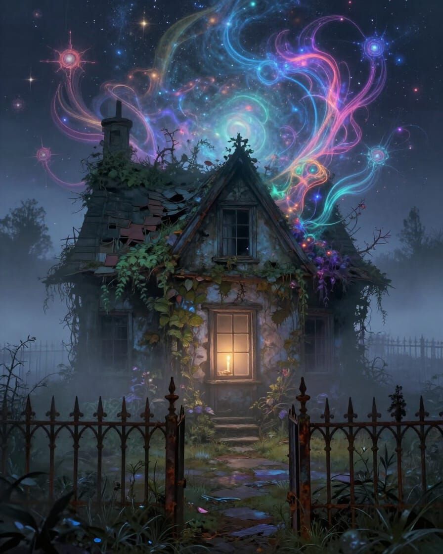 Dilapidated Cottage in Mist with Ethereal Light